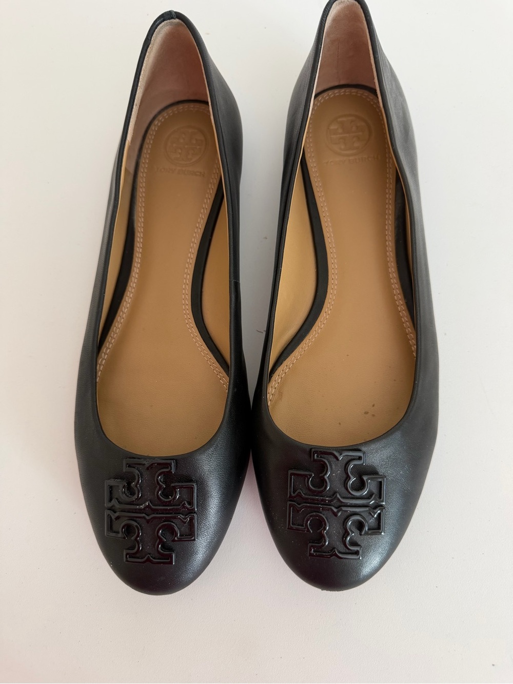 Tory Burch Black Leather Logo Round-Toe Ballet Flats